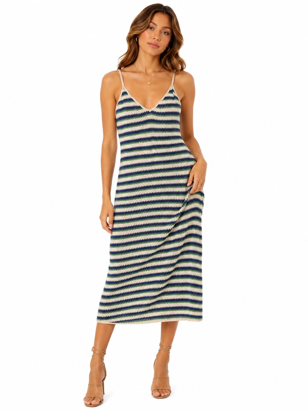 NWT Zara Size Medium Striped Knit Slip Dress in Navy, Green & Cream‎